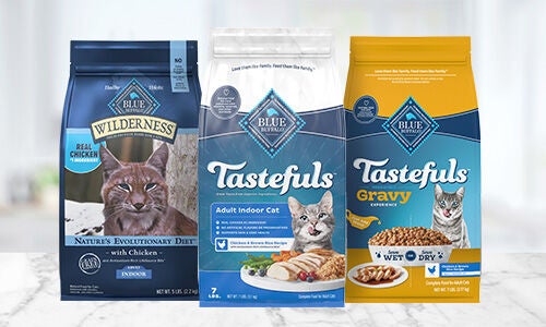 Image of three bags of dry cat food on a white marble countertop 